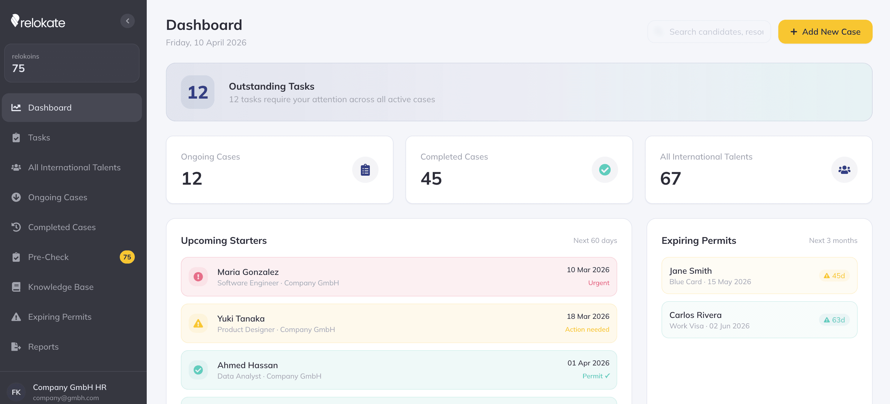 relokate dashboard showing case management for an international hire — workflow progress, tasks, and document tracking